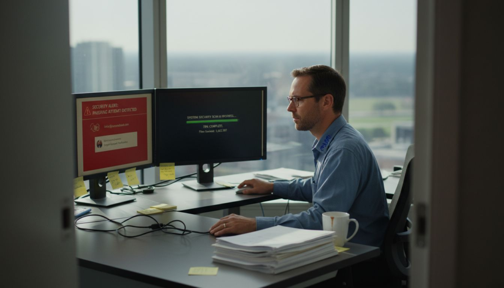 7 Most Common Types Of Cyber Security Attacks Explained - Transform 42 Inc It Specialist Reviewing Cybersecurity Alerts In Office