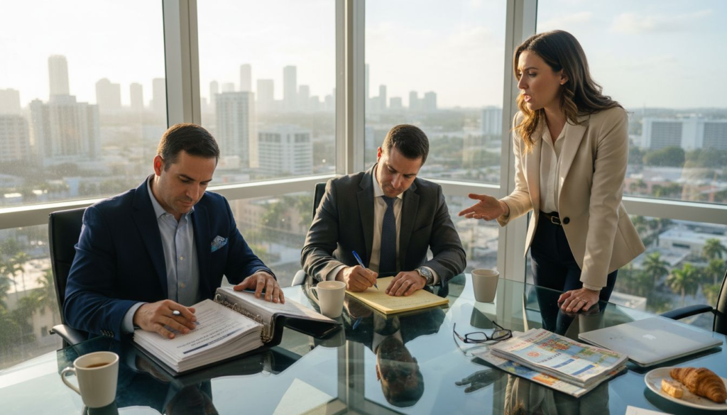 Change Management Process Steps For Miami Cpas’ Growth - Transform 42 Inc Miami Cpa Team In Corner Office Discussing Changes