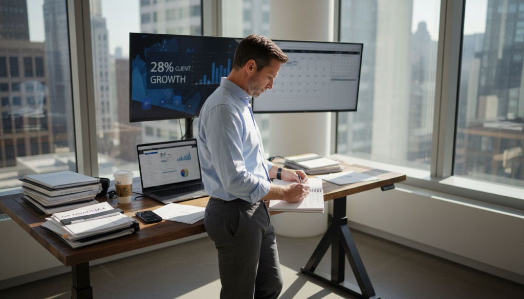 Automate Business Processes: 28% More Clients &Amp; Revenue Growth - Transform 42 Inc Executive Reviewing Workflow Charts In Office