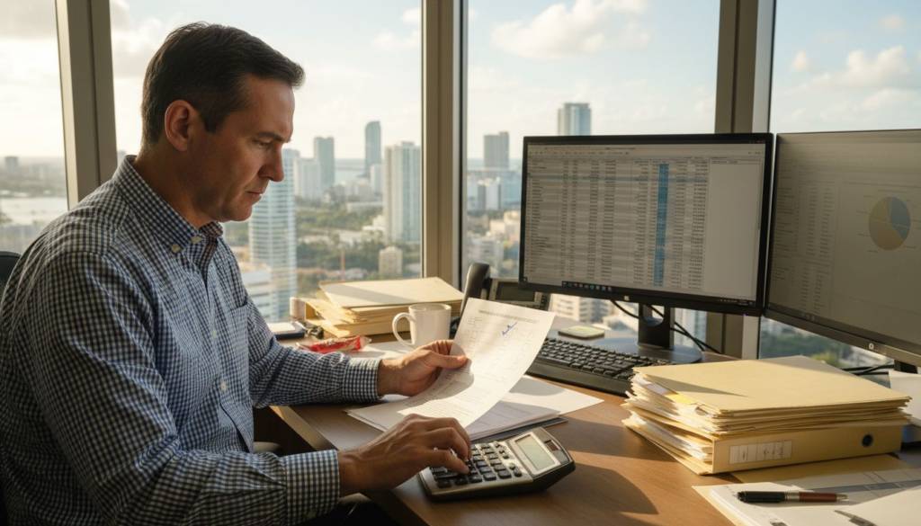 Master Project Risk Management For Florida Accountants - Transform 42 Inc Florida Accountant Reviewing Risk Checklist At Desk