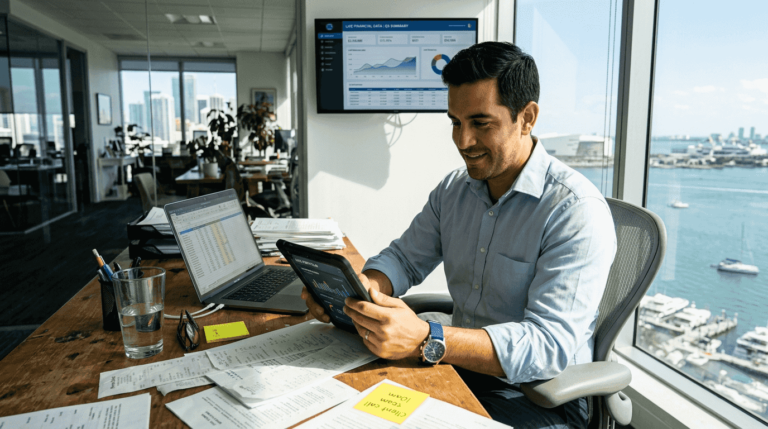 Miami accountant reviews IoT dashboard in office