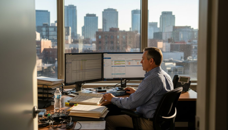 CPA at cluttered desk with digital dashboards