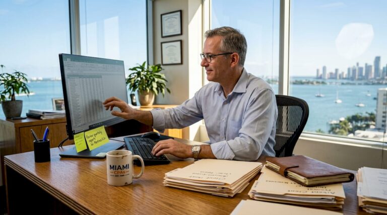 Accountant reviews spreadsheet in Miami office