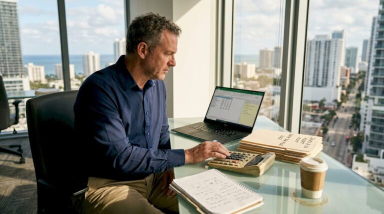 CPA working in Miami office with skyline