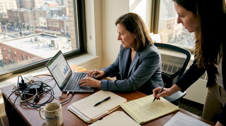 CPA and consultant reviewing tech tools in office