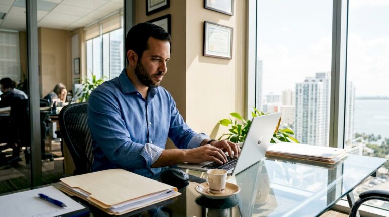 Miami professional handling workflow at glass desk