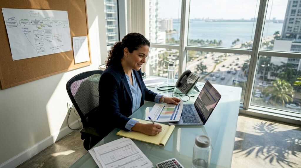 Scale Miami Practices With Business Workflow Automation - Transform 42 Inc Practice Manager Reviewing Workflow Chart In Miami Office