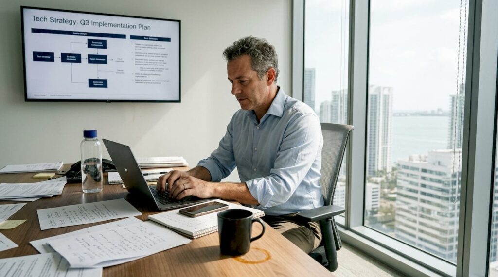 Unlock Revenue Growth: The Role Of Tech Strategy Explained - Transform 42 Inc Consultant Planning Tech Strategy In Office