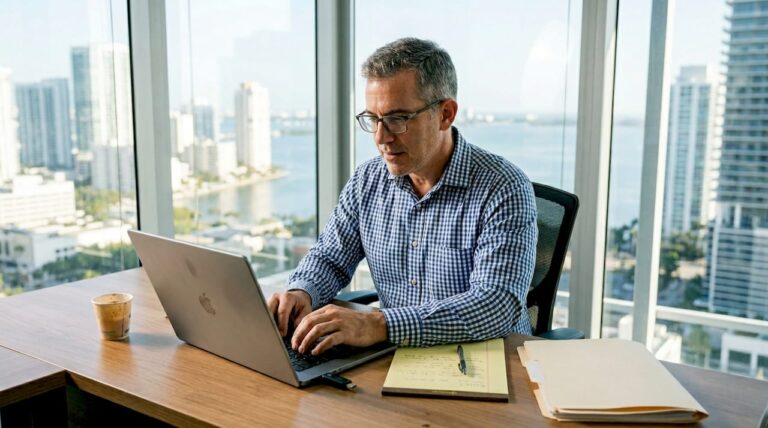 Accountant using laptop for cloud services in office