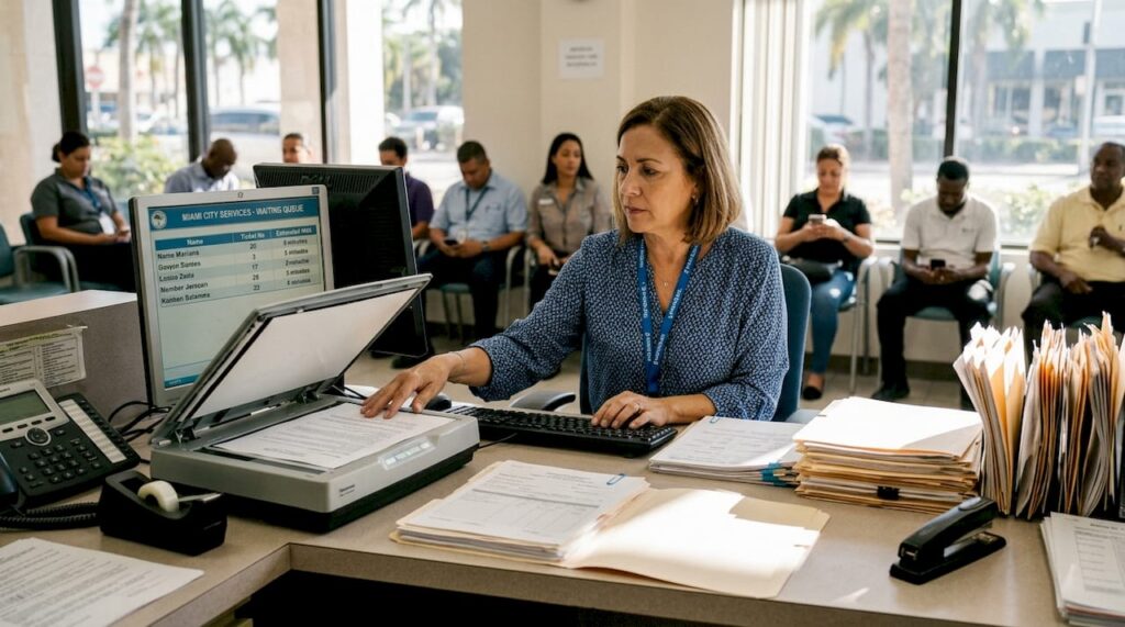 How Automation Is Transforming Public Sector Services In Miami - Transform 42 Inc Miami City Employee Scanning Documents At Desk