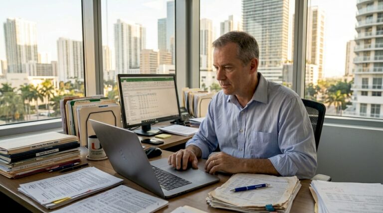 CPA reviewing spreadsheet in Miami office