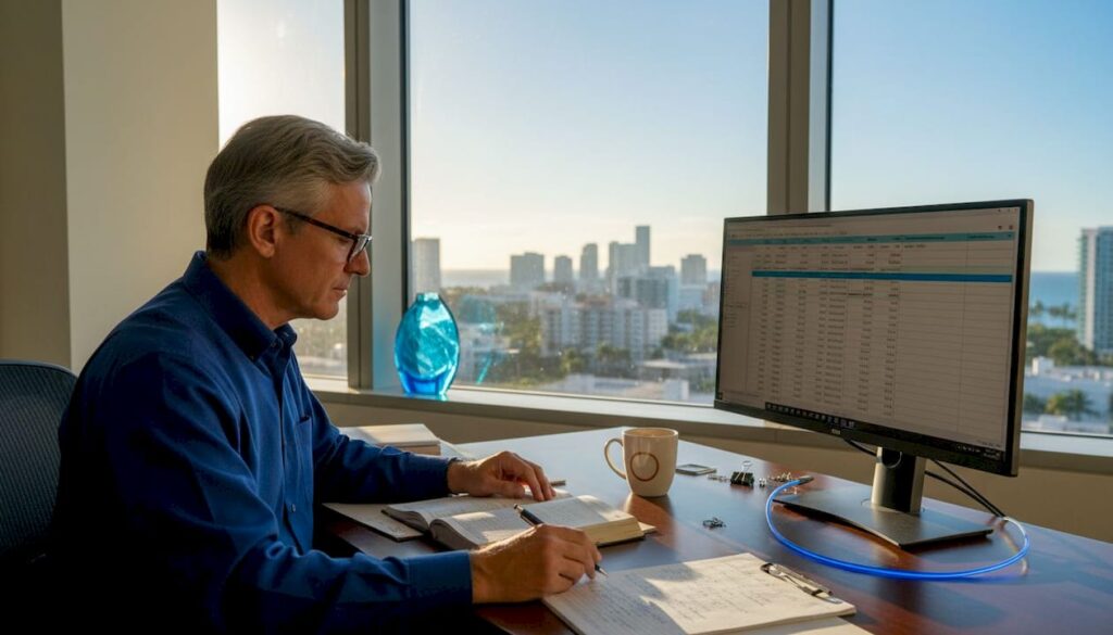 Change Management Guide For Miami Accountants - Transform 42 Inc Accountant Reviewing Change Management Spreadsheet