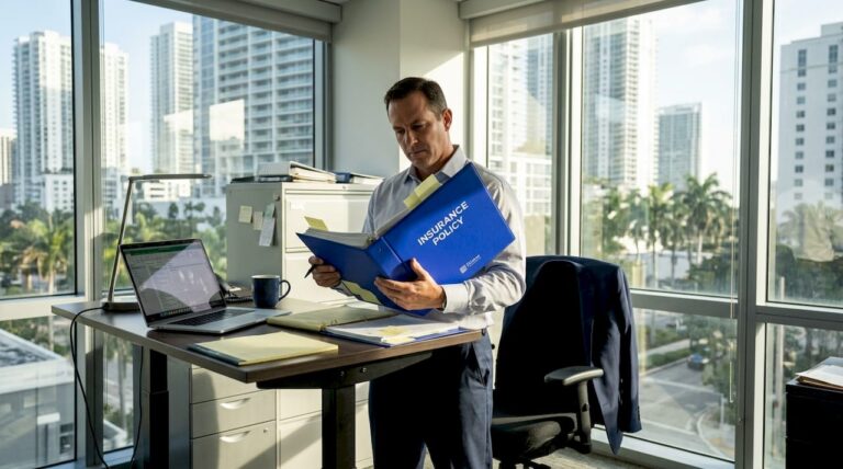 Attorney reviewing insurance files in Miami high-rise