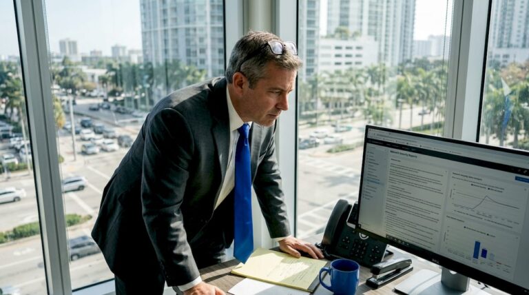Attorney reviewing IT reports in Miami office