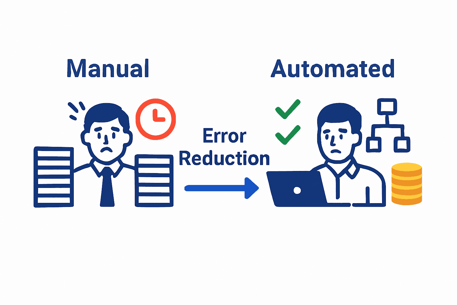 Infographic contrasting manual vs automated accounting workflows and key gains.