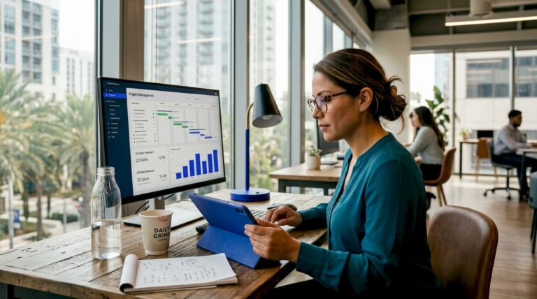 Miami SMB owner using digital tools in sunlit office