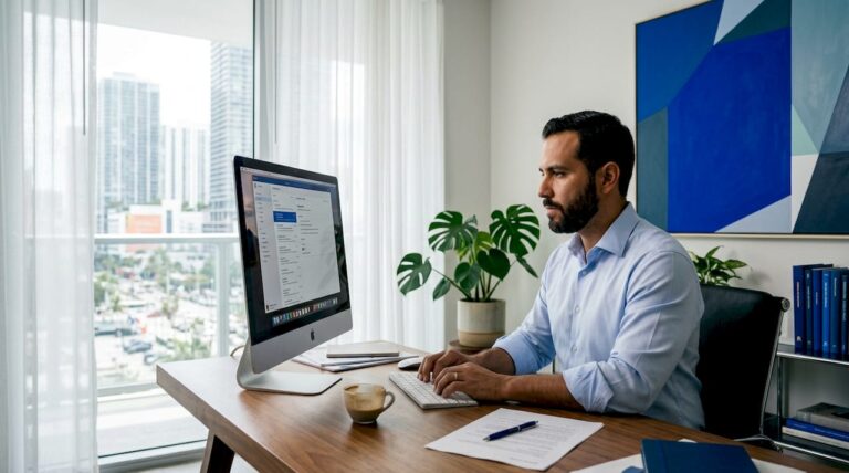 Professional at service desk in Miami office