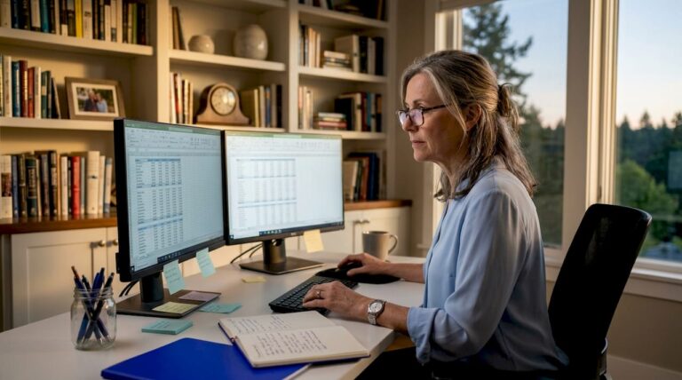 Finance pro reviewing spreadsheets in busy office