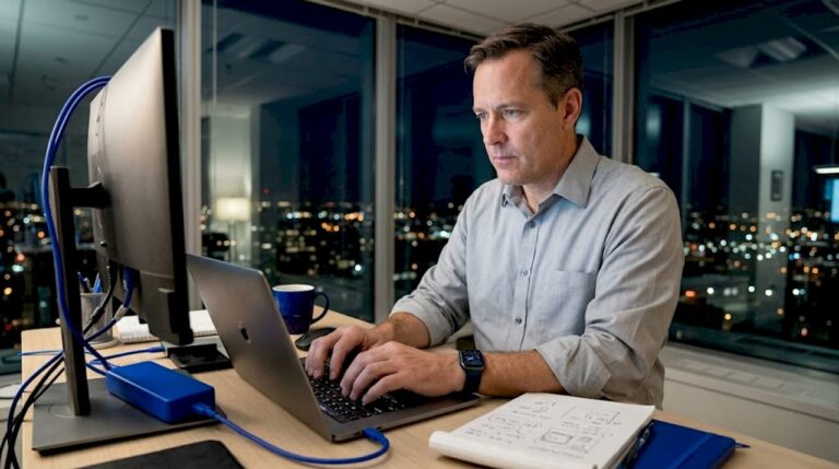 IT leader working in corner office at dusk