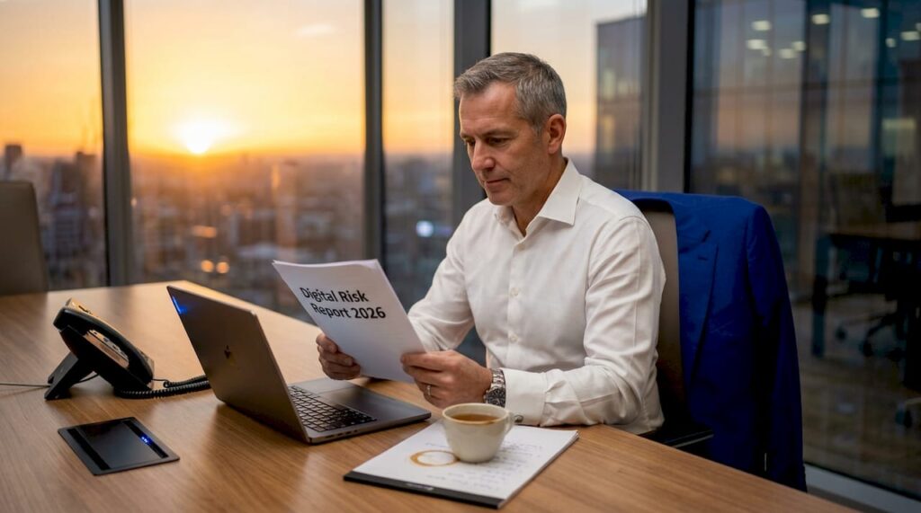 Digital Risk Management For Business Leaders In 2026 - Transform 42 Inc Executive Reading Digital Risk Report At Office Table